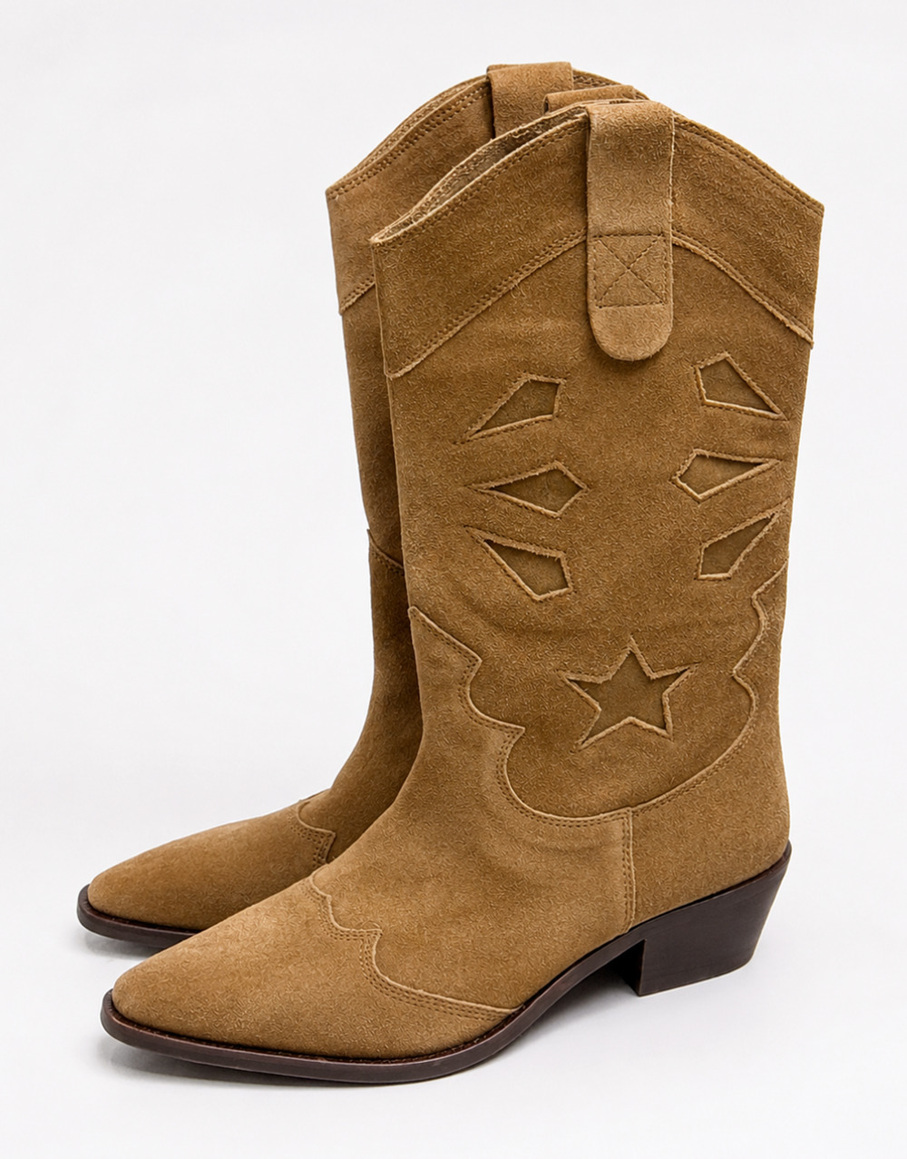 NEW MANGO MNG TOBACCO BROWN SUEDE LEATHER STAR WESTERN COWBOY BOOTS SZ 39 US 8.5
